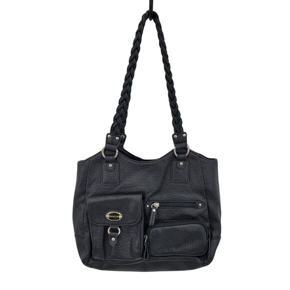 Black Braided Handle Vegan Faux Leather Shoulder Bag Multiple Compartments - Picture 13 of 13